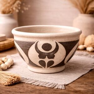 Abstract Geometric Pattern Moon & Woman Pottery Bowl Vase Design